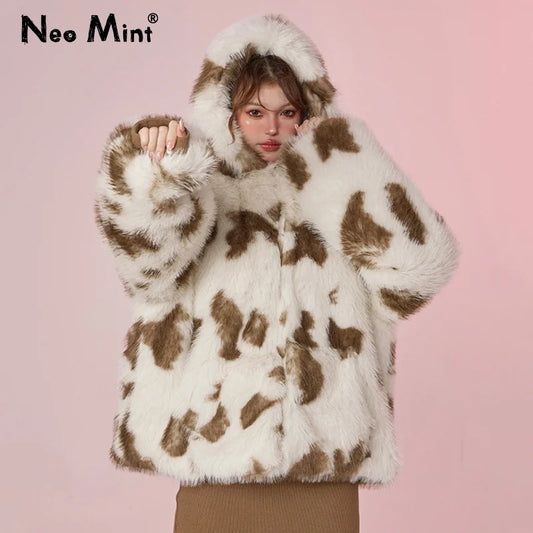 Sweet Harajuku Y2k Fashion Girls Oversized Leopard Faux Fur Coat Women Winter Thicken Fox Fur Jacket Hooded Overcoat Outerwear