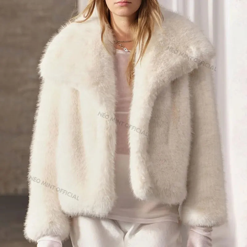 Chic Street Furry Collar Faux Fur Coat Women  Winter Hot Girls Snow White Mountain Fashion Fluffy Fox Fur Jacket