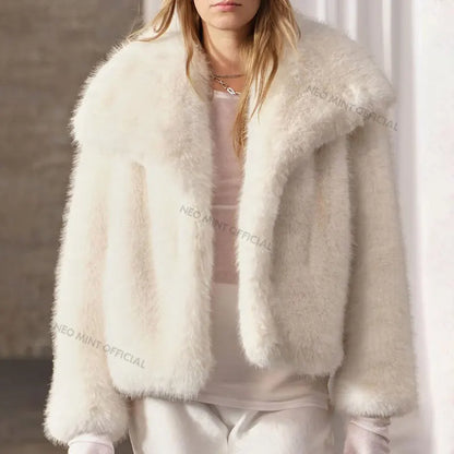 Chic Street Furry Collar Faux Fur Coat Women  Winter Hot Girls Snow White Mountain Fashion Fluffy Fox Fur Jacket