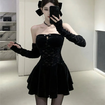 Y2K Gothic Strapless Mini Dresses Women Black Velvet Lace Patchwork Evening Party Dress A-line Slim Sexy Prom Vestidos Mujer New