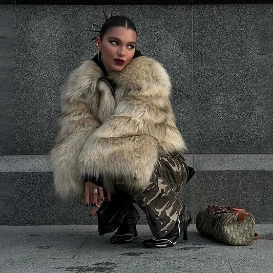 Winter Fluffy Gradient Faux Fur Coat Women Thicken Warm Fox Fur Jacket Girls Streetwear Style Furry Fur Overcoat