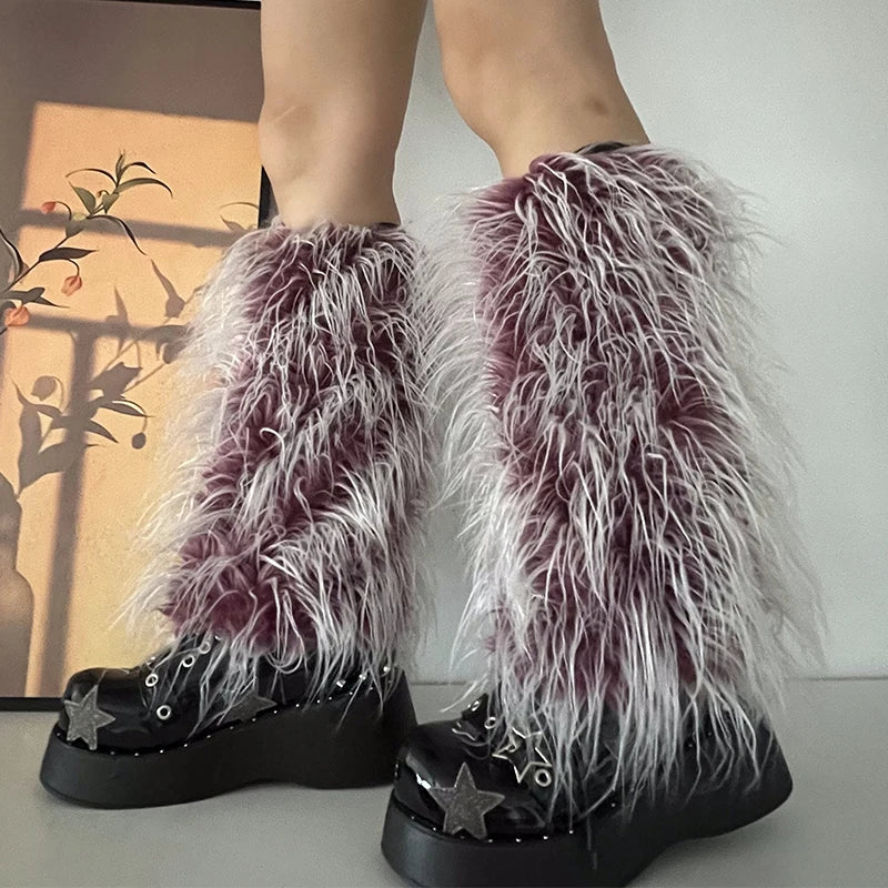 Ins 2000s Sweet Cute Pink Lolita Girls Gradient Faux Fur Leg Warmers Women Costume Leggings Hot Y2k Goth Punk Legcovers