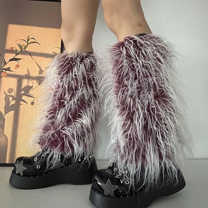 Ins 2000s Sweet Cute Pink Lolita Girls Gradient Faux Fur Leg Warmers Women Costume Leggings Hot Y2k Goth Punk Legcovers