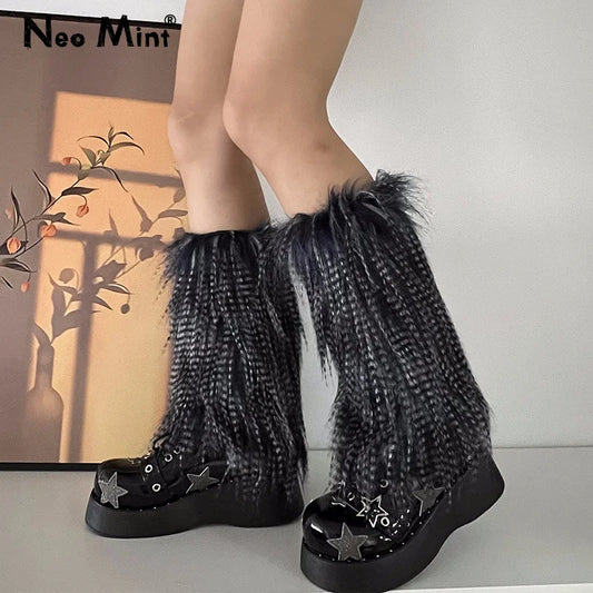 Y2K Goth Furry Faux Fur Women Leg Warmers Boot Covers Harajuku Lolita Girls Punk Fashion Cute Jk Hipster Warm Fluffies Leggings