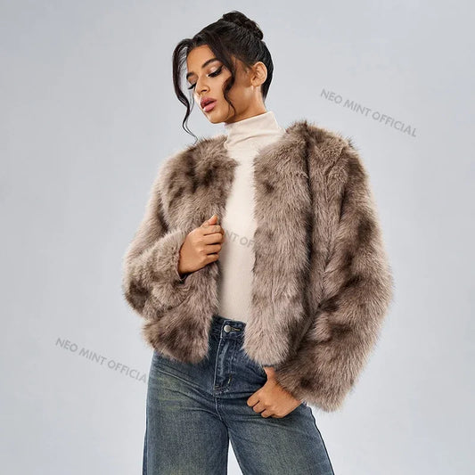 Winter Fluffy Faux Fox Fur Coat Women Brand Fashion Streetwear Overcoat Chic Girls Warm Short Furry Fur Jacket