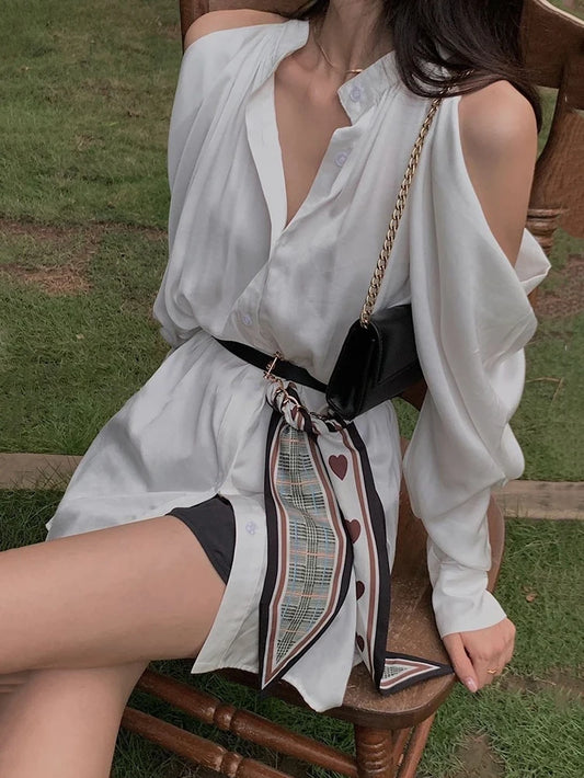 Youth Elegant Off Shoulder White Long Shirt Women Korean Dongdaemun High Quality Puff Sleeve Blouses Tops With Belted  New
