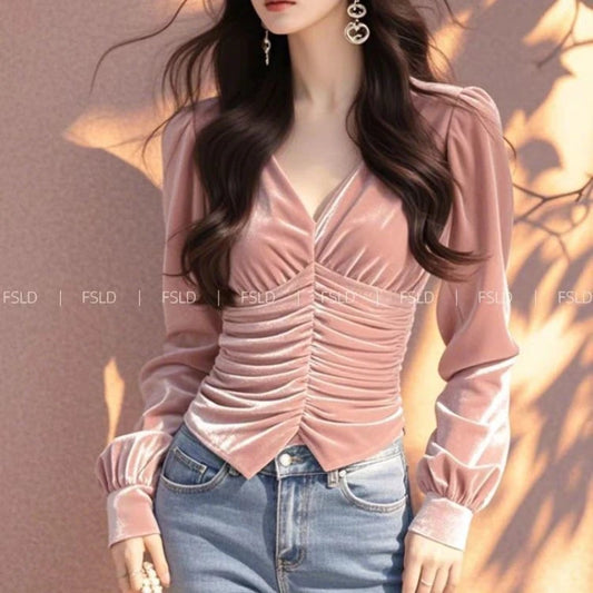 Velvet Long Sleeve T Shirt Women V Neck Casual Lady Tee Youth Elegant Luxury Top Basic Blouse  Fashion New