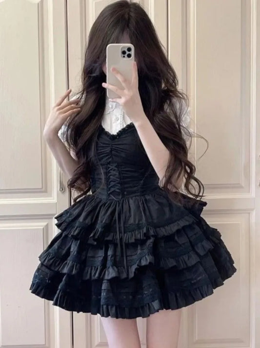 Y2K Two-piece Dress Set Women Puff Sleeve Shirt Black A-line Ruffles Cake Mini Dress Korean Fashion Suit Summer New Outfit