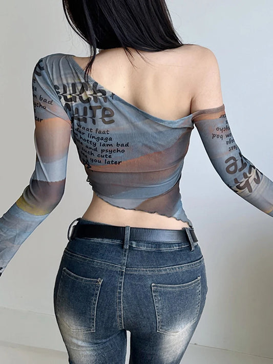 Colour Letter Print Fabric Skew Collar Asymmetric Women Top Tees Flared Sleeve Design Chic Slim Personality Blouses