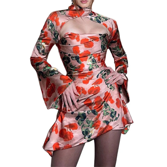 y2k Women Corset Dress Floral Flared Sleeve A Line Dresses Sexy Ladies Hollow Out Party Mini Dress Spring Summer Outfit
