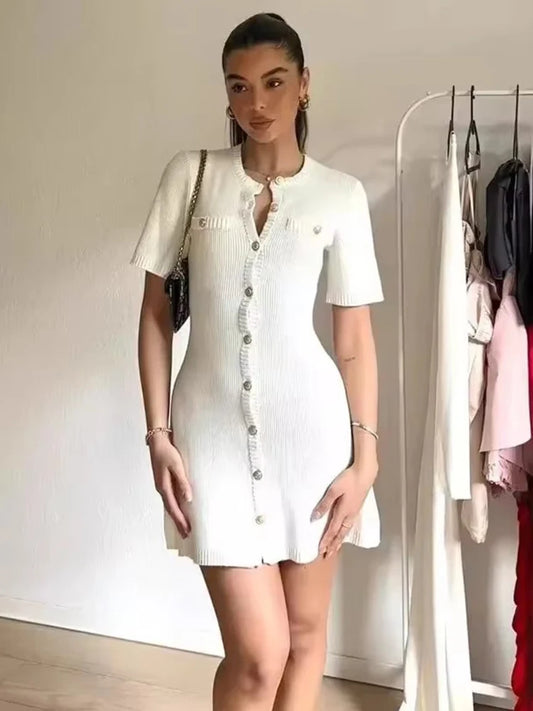 White Elegant Knitted Mini Dress For Women Metal Button Sexy Slim Rib Sweater Dress Holiday Party Outfits Autumn  New