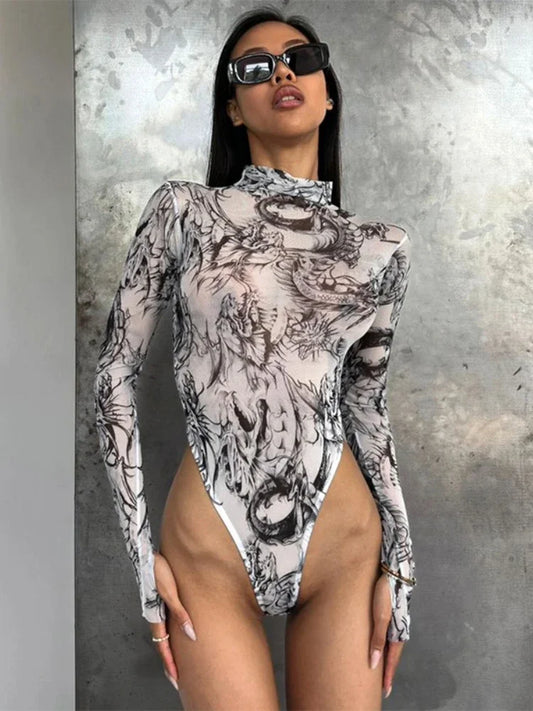 Tie Dye Sexy Bodysuit Lingerie Long Sleeve Corset Top Women One-Pieces Rave Outfit Bodycon Lenceria Femenina See Through Bustier