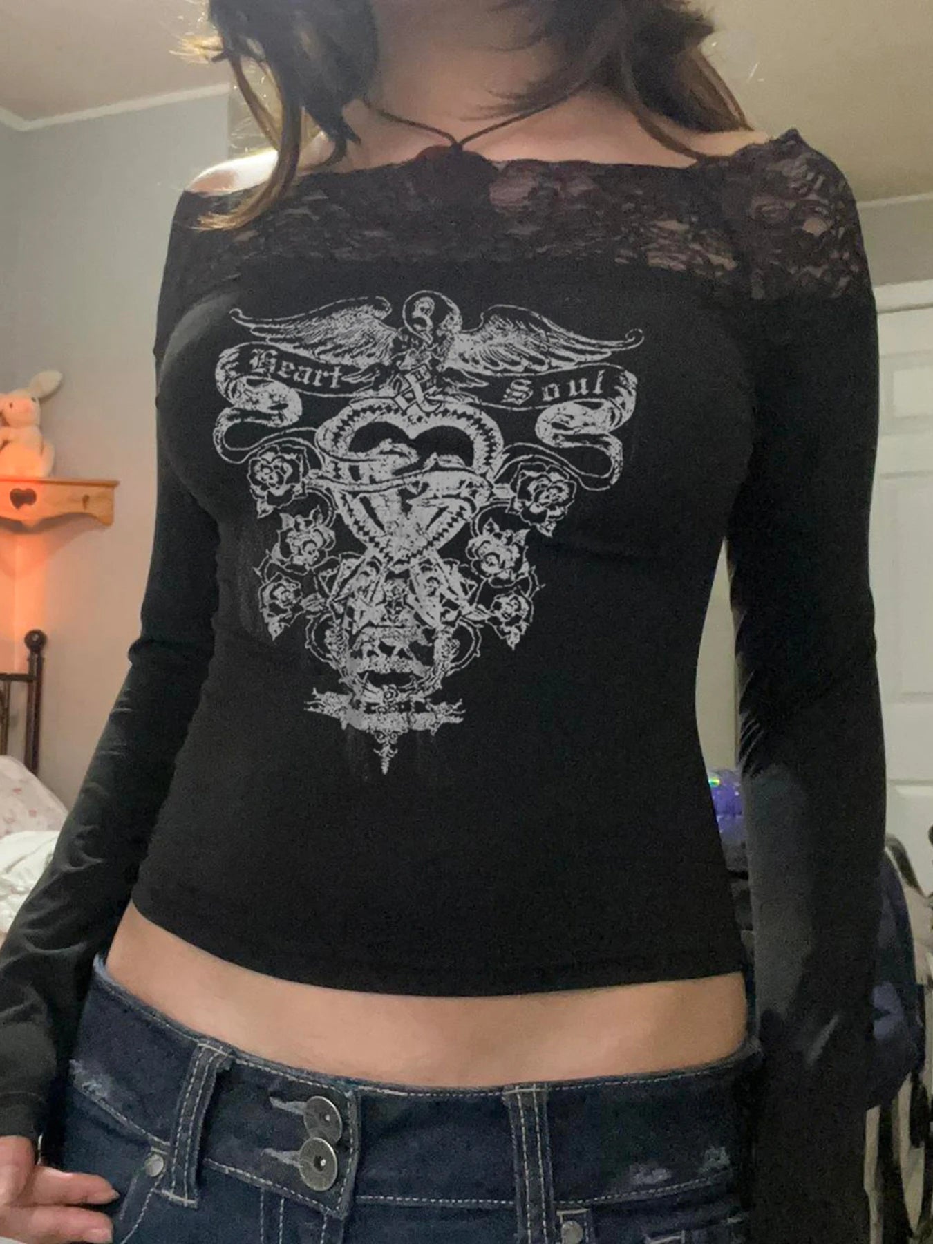 Gothic Retro Lace Trim Slash Neck Blouses Women¡¯ Long Sleeve Y2k Darkly Chic Print Autumn Trendy Fashion Tops