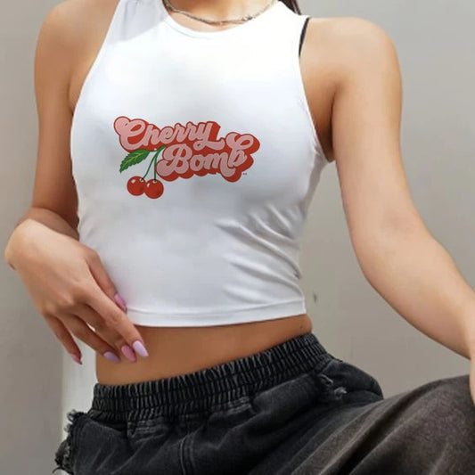Short-sleeved T-shirt Women Summer cherry letter print short-sleeved top Spice Girls wearing crop short slim-fit street style