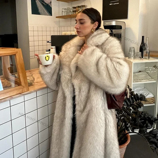 Slouchy Chic Gradient Long Eco Faux Fur Coat Women Winter Thick Warm Fluffy Fox Fur Jacket Brand Fashion Girls Overcoat