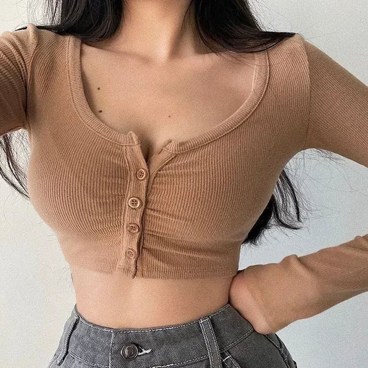 Slim V-neck Long Sleeve Bottomed Womens Tops And Blouses High Street Solid Color Open Navel Cardigan