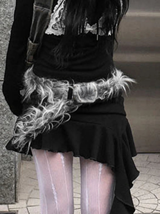 Gray Faux Fur Spliced Leather Chic Design Belts Women All-Match Y2k Exquisite Vintage Waist Accessories