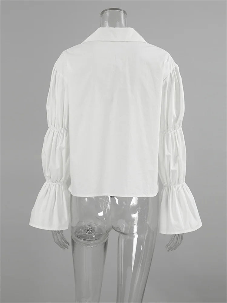 Chiffon Lace-Up Hollow Out Shirts Women&#8217;s Lapel Patchwork Bandage Long Sleeve Fashion Blouse Top Female White Outwear
