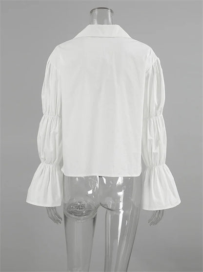 Chiffon Lace-Up Hollow Out Shirts Women&#8217;s Lapel Patchwork Bandage Long Sleeve Fashion Blouse Top Female White Outwear