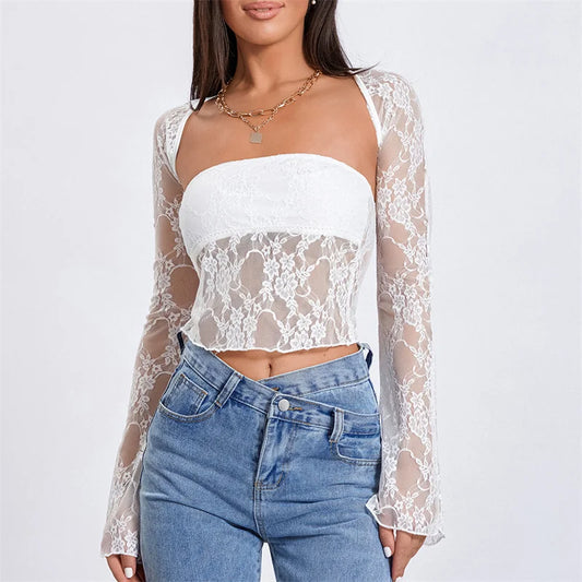 Tube Top with Shrug Women Sexy See Through Strapless Bandeau Vest and Long Sleeve Cover Up Lace Clothes Party Clubwear
