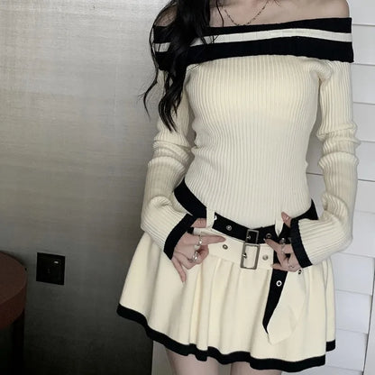 Y2K Slim Casual Knitted Mini Dresses Women Off Shoulder Elegant Korean Fashion Short Party Dress with Belt Autumn New Clothing