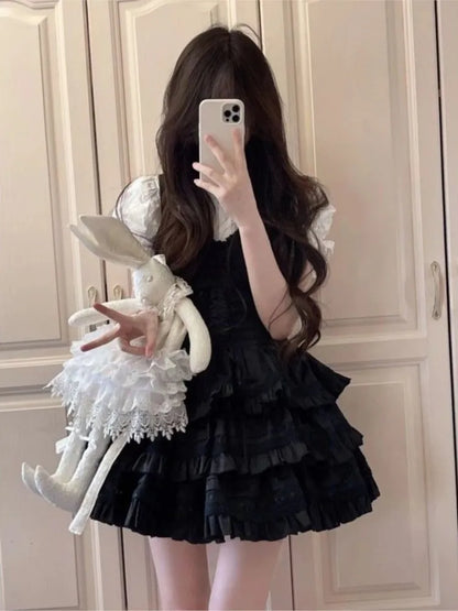 Y2K Two-piece Dress Set Women Puff Sleeve Shirt Black A-line Ruffles Cake Mini Dress Korean Fashion Suit Summer New Outfit
