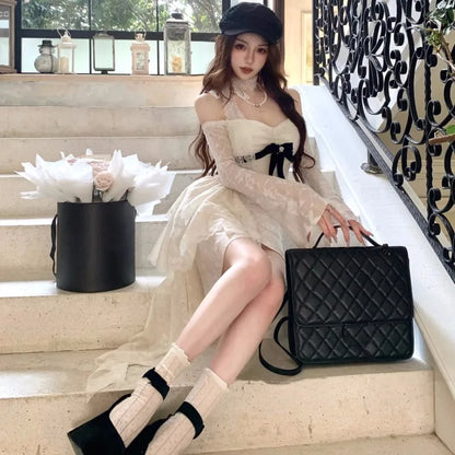 Y2K Lace Mini Dresses for Women Slash Neck Flare Sleeve A-line Ruffles Birthday Party Short Train Dress Korean Fashion Vestidos