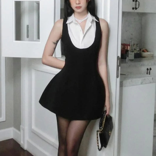 y2k Summer Dress Women Contrast Color Patchwork Lapel Collar Sleeveless A Line Mini Dress 2000s Evening Party Dresses