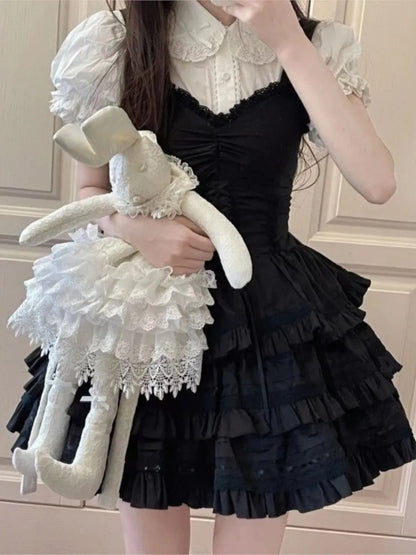 Y2K Two-piece Dress Set Women Puff Sleeve Shirt Black A-line Ruffles Cake Mini Dress Korean Fashion Suit Summer New Outfit