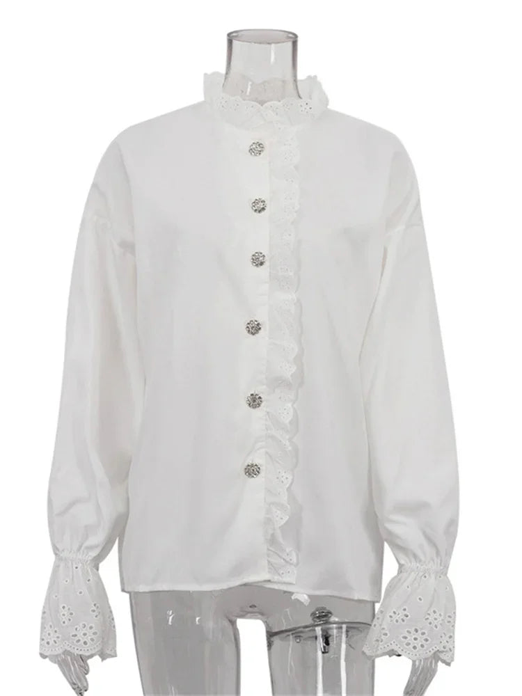 Female Glitter Ruffled Shirts Top Inner Patchwork Long Sleeve Casual Commute Clothes Hollow Out Elegant Women&#8217;s Blouses