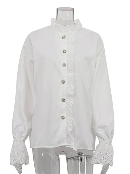 Female Glitter Ruffled Shirts Top Inner Patchwork Long Sleeve Casual Commute Clothes Hollow Out Elegant Women&#8217;s Blouses