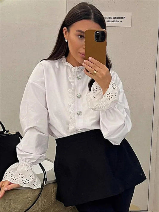Female Glitter Ruffled Shirts Top Inner Patchwork Long Sleeve Casual Commute Clothes Hollow Out Elegant Women&#8217;s Blouses