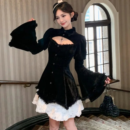Y2K Gothic Black Mini Dresses Women Flare Sleeve O-neck Hollow Out Ruffles Patchwork A-line Korean Chic Party Dress Autumn New