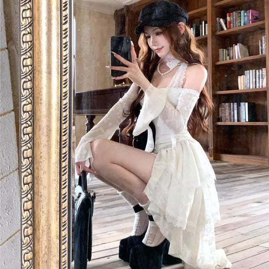 Y2K Lace Mini Dresses for Women Slash Neck Flare Sleeve A-line Ruffles Birthday Party Short Train Dress Korean Fashion Vestidos