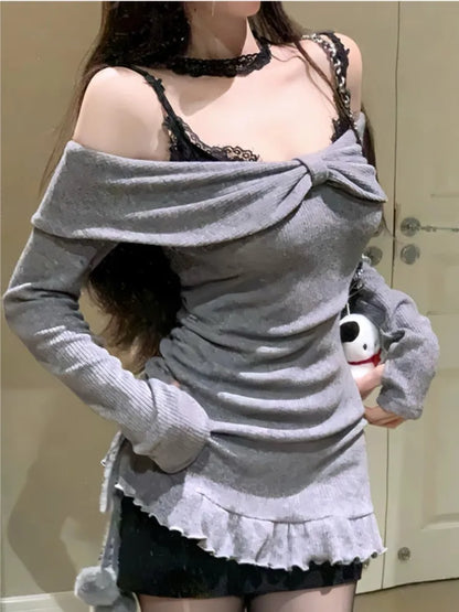 Y2K Lace Two-piece Set Mini Dresses for Women Spaghetti Strap Knitted Underdress Korean Fashion Sexy Party Dress Female Vestidos