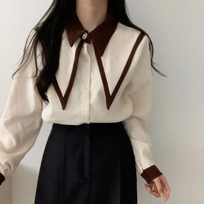 Vintage Shirts Women Korean Patchwork Black Long Sleeve Blouses Office Ladies Elegant Red Casual Chic Chiffon Tops New