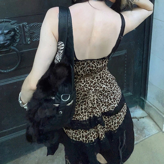 Y2K Streetwear Leopard Lace Patchwork Camis Top Gothic Style V-neck Bow Trim Tank Tops Fashion Aesthetic Vest Girls