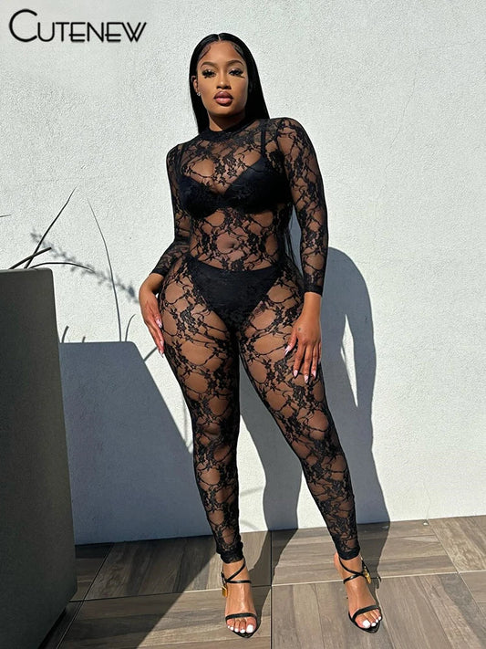 Women&#8217;s Solid Jumpsuit Casual Sexy Lace Fitness See-through One-Piece Sporty Attirewear Rompers Streetwear Overalls New