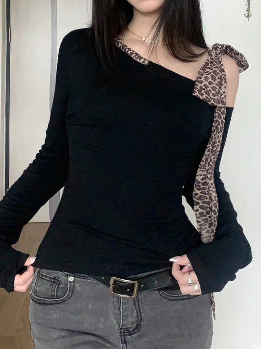 Design Skew Collar Leopard Lace-Up Top Tees s Autumn Women Trendy Clothes Long Sleeve Slim Y2k Blouse New