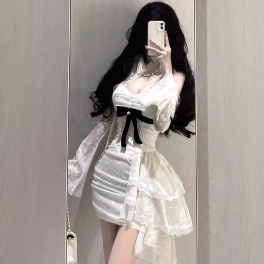 Y2K Lace Bodycon Mini Dresses for Women Slash Neck Flare Sleeve A-line Birthday Party Short Train Dress Korean Fashion Vestidos