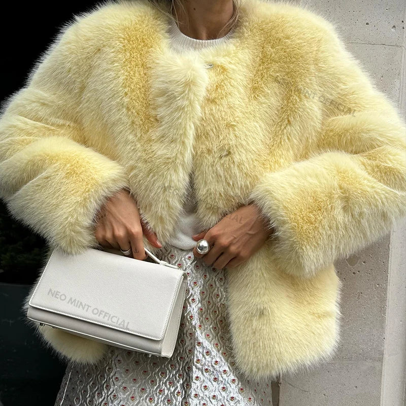 Cool Street Girls Winter Fashion Fluffy Fox Fur Jacket Women Casual Round Neck Faux Fur Coat Chic Thick Warm Outerwear