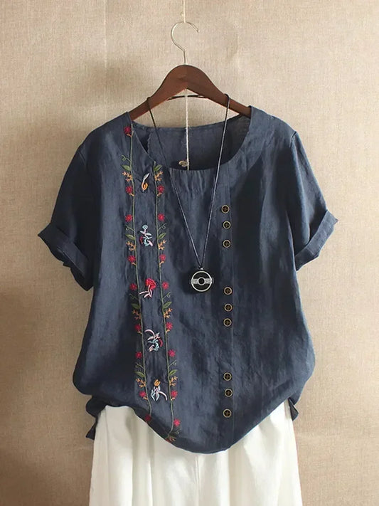 Fashion Flower Embroidery Cotton Linen Shirt Casual Summer Women O-neck Short Sleeve White Pullover Top Elegant Street Blouse