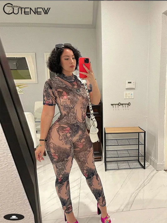Women&#8217;s Printed Jumpsuit Casual Short-sleeves Fitness One Piece Sporty Attirewear Streetwear Overalls  Spring New