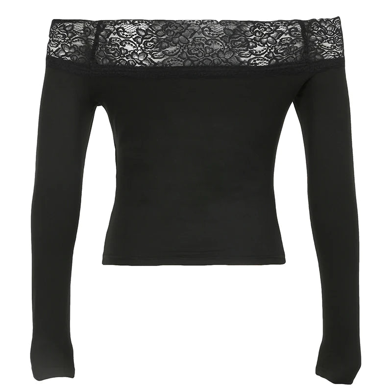 Gothic Retro Lace Trim Slash Neck Blouses Women¡¯ Long Sleeve Y2k Darkly Chic Print Autumn Trendy Fashion Tops
