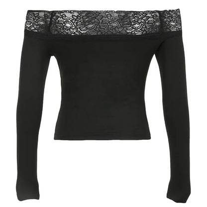 Gothic Retro Lace Trim Slash Neck Blouses Women¡¯ Long Sleeve Y2k Darkly Chic Print Autumn Trendy Fashion Tops