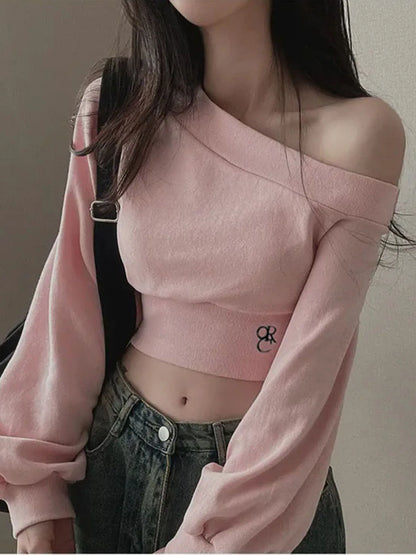 Fashion Trendy Women¡¯s Top Tees Long Sleeve Simple Skew Collar Solid One-Shoulder Comfortable Blouses Causal