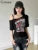 Letter Print Casual Women Tops Classic Incline Shoulder Short Sleeve Crop T-shirts Girls Fashion Summer Wild Street Tees