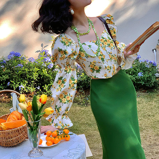 Youth Elegant Rose Floral Long sleeve Crop Blouse Top Women Korean Puff sleeve Off shoulder Shirt  New