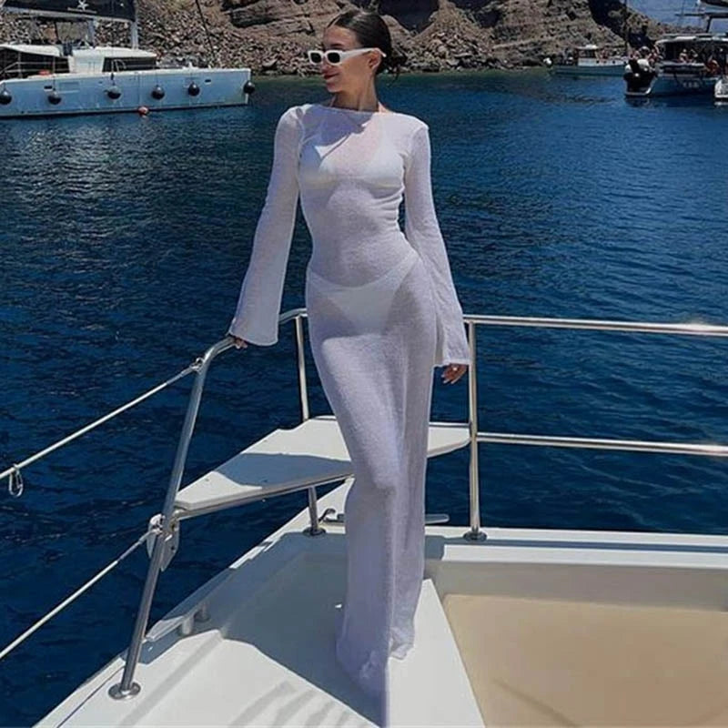 Bohemian Beach Holiday Bikini Cover-Ups Dress Sun Protection Bodycon Chic Women Sexy Backless Long Dress Club Party Night