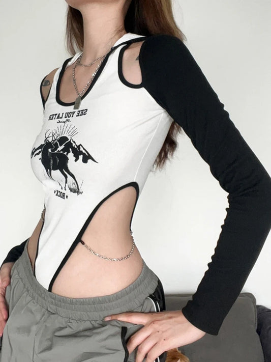 Print Bodysuit Off Shoulder Hooded Corset Tops Women Festival Clothing Lingerie Sexy One-Pieces Rave Outfit Chain Body Feminino